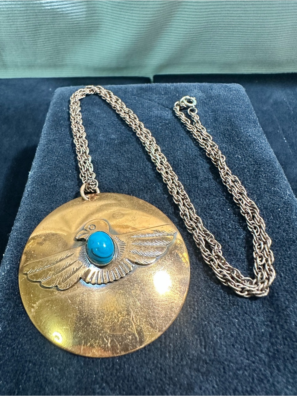 Vtg: Genuine Copper Turquoise Cabochon Eagle Pendant Necklace - Picture 5 of 10